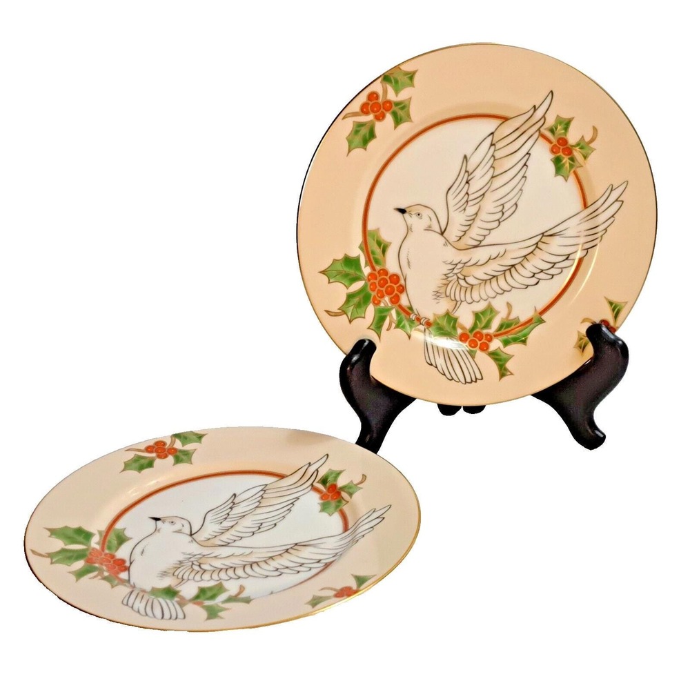 Fitz and Floyd Christmas Holly Dove Fine Porcelain Plates Set of 2 Japan 183